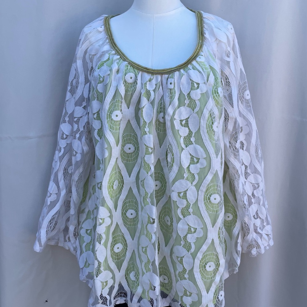 Lane‎ Bryant Boho Peasant Top, size 22/24,  Green with White Lace Overlay